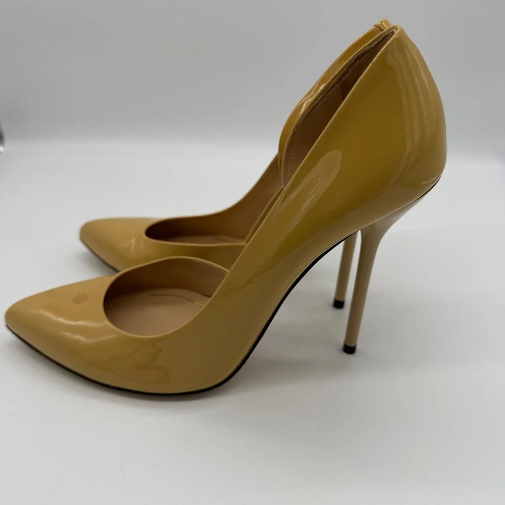 Gucci Women Neutral Yellow Patent Leather D Orsay Pointed Toe Stiletto Pumps 38